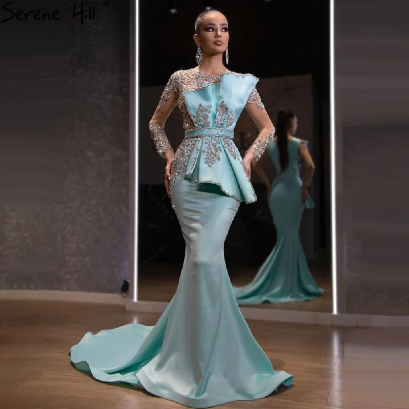Don't Miss Serene Hill Blue Satin Beaded Mermaid  Evening Dresses Gowns 2024 Elegant Luxury  Gowns For Women Party LA71180