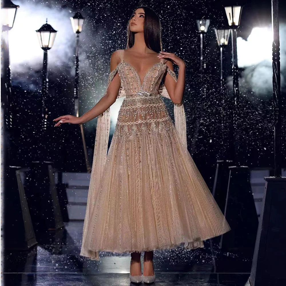 Online Exclusive Serene Hill Customized Arabic Nude A-Line Midi Straps Beaded Evening Dresses Gowns 2024 For Women Wedding Party LA71911
