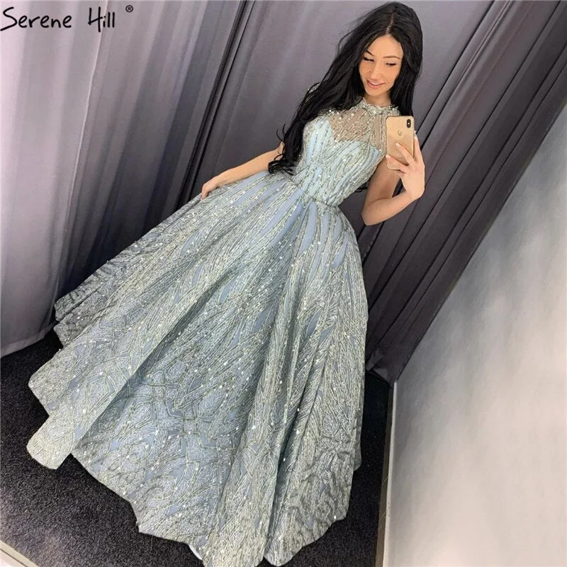 Huge Discounts Clear Water Blue High Collar Evening Dresses 2024 Short Sleeve Lace Sequined Bridal Gowns Design Real Photo HM66981
