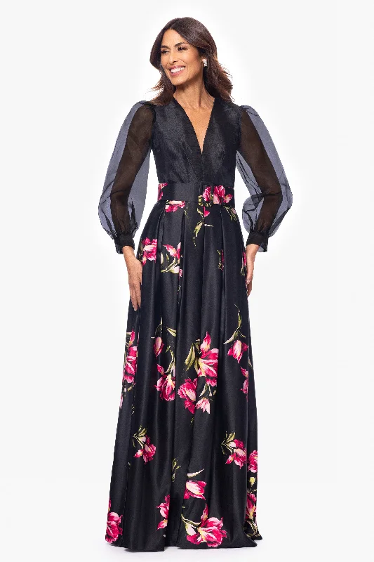 Bargain Blast "Coraline" Long Sleeve Satin Print Floor Length Gown