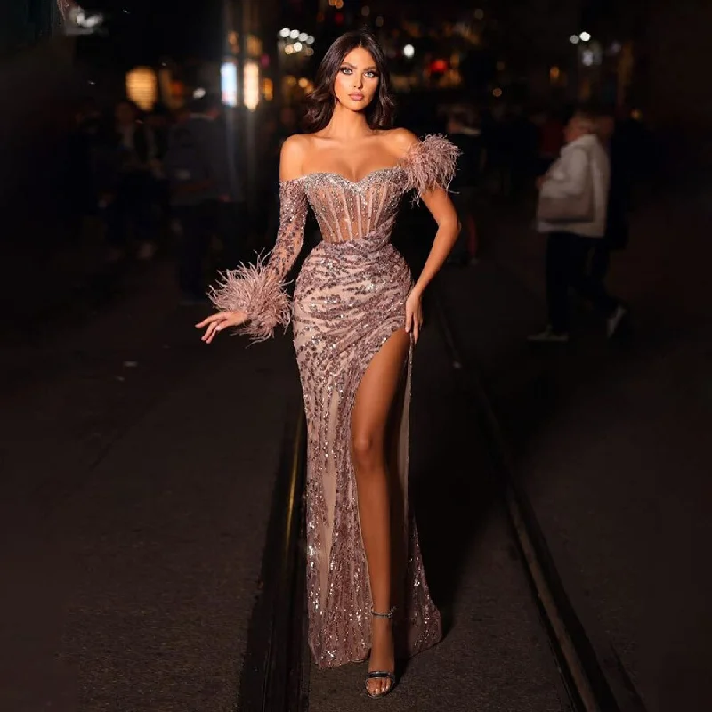 Limited Time Offer Serene Hill Rose Gold Off Shoulder One Sleeve Mermaid Feathers Evening Dresses High Split Sexy Party Gowns For Women LA72082