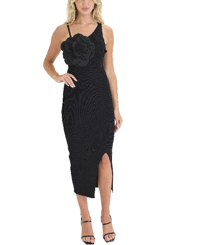 Super Sale Knit Ribbed Midi Dress w/ Flower