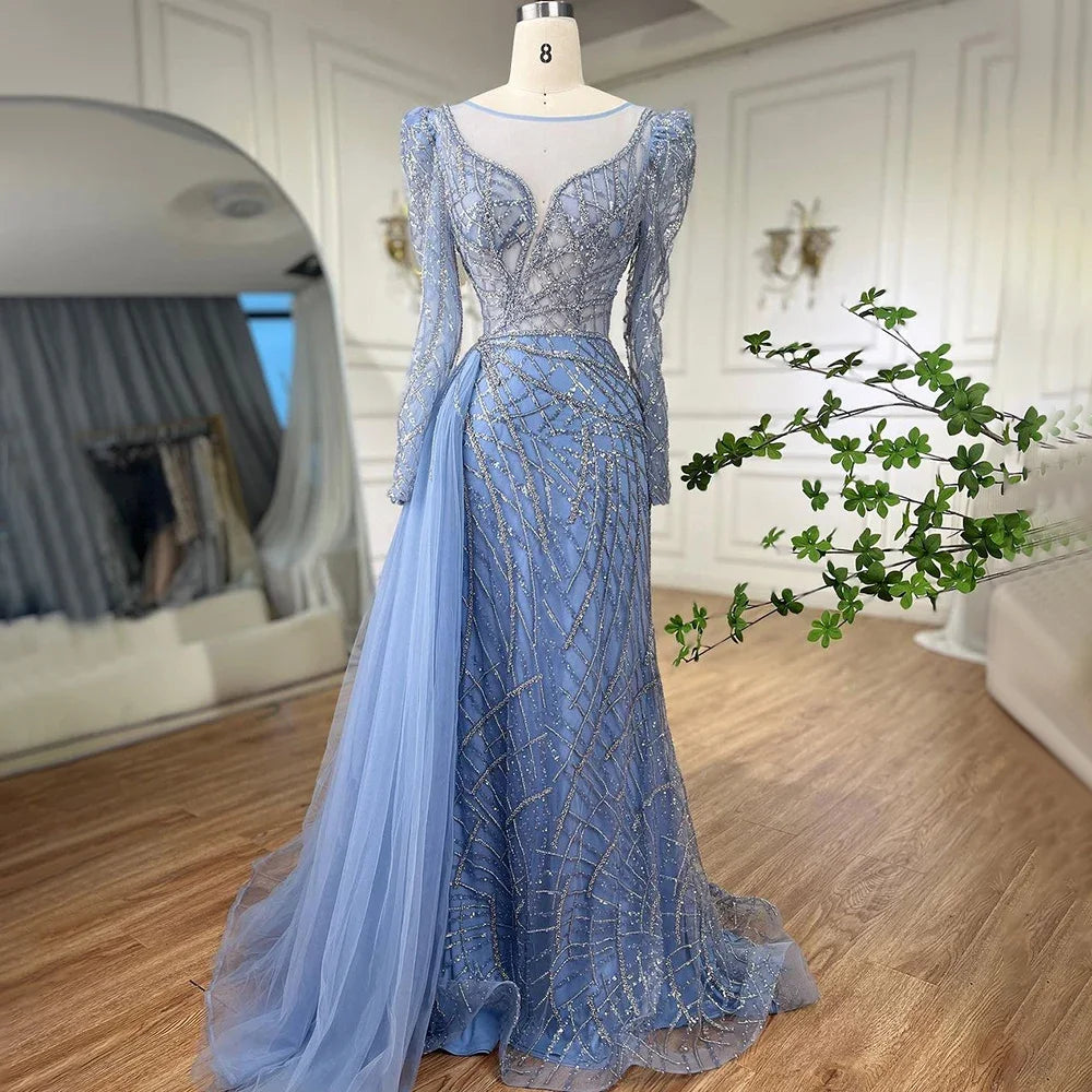 Extra Savings Serene Hill Muslim Gold Mermaid Beaded Luxury Dubai Evening Dresses Gowns With Overskirt 2024 For Women Party LA72206