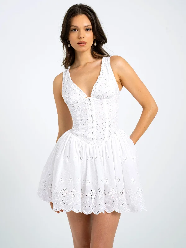 Deal Dash Aaliyah White Eyelet Plunging Halter Drop Waist Mini Dress