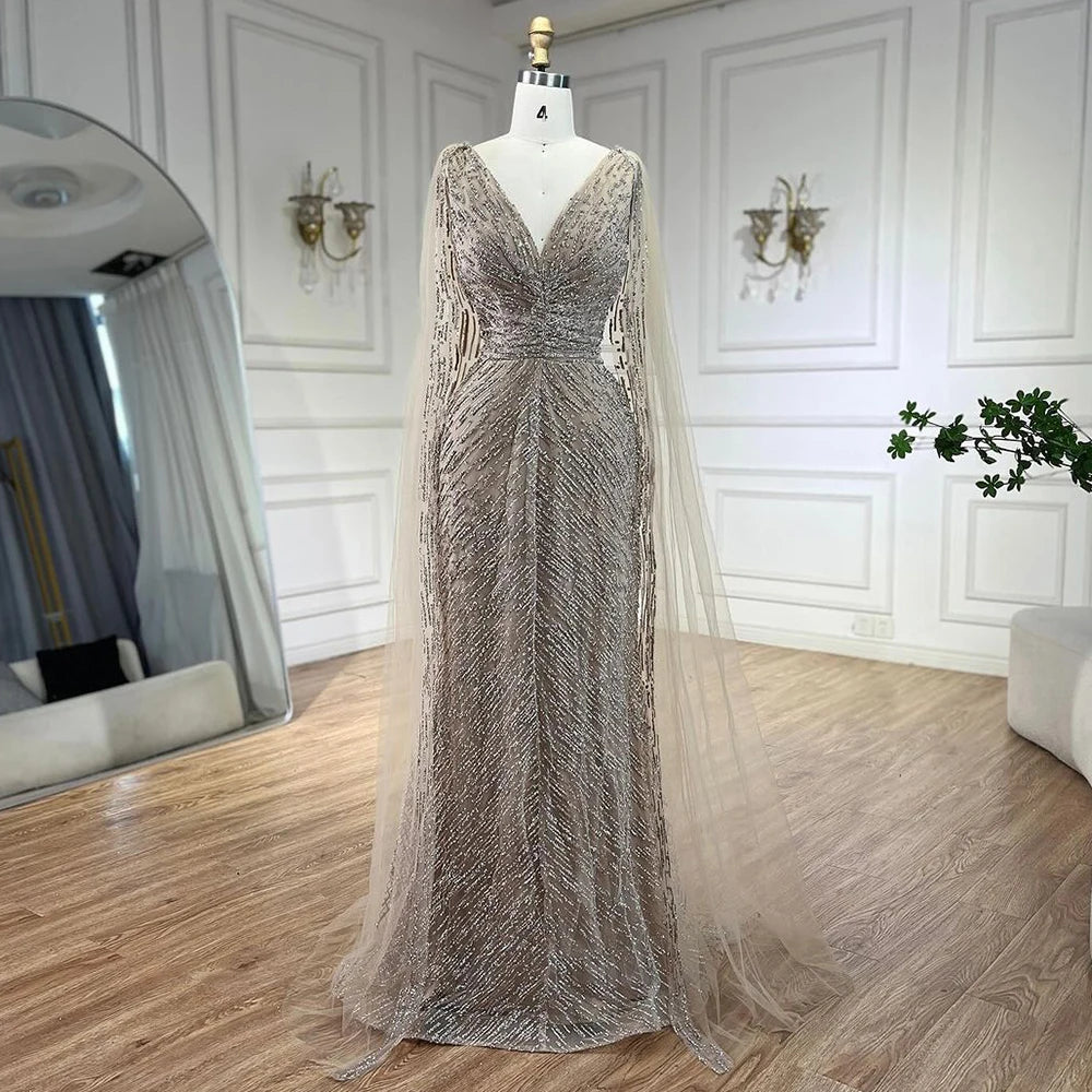 Today's Special Serene Hill Arabic Nude Luxury Evening Dresses with Cape Sleeves A-Line Beaded and Gown For Women's Wedding Party 2024 LA72573