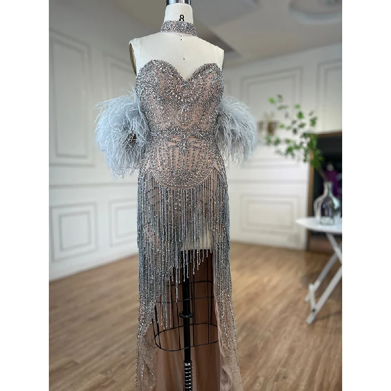 Huge Discounts Serene Hill Silver Nude Strapless Mermaid Open Split Sexy Evening Dresses Luxury Beaded Tassel Party Gowns For Women LA72083