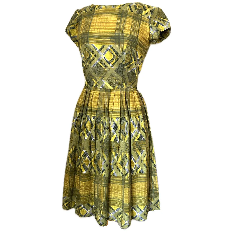 Best Bargains Yellow ochre vintage 1950s abstract print cotton day dress