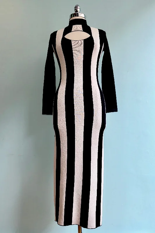 Daily Deals Black and White Striped Knit Body Con Midi Dress by Banned