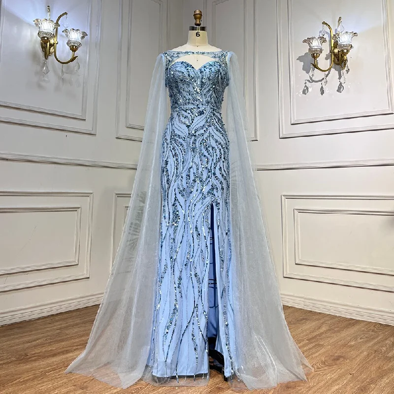 Markdowns Serene Hill Blue Mermaid Sexy Long Cape Sleeves Evening Dresses High Slipt Gowns Luxury Beaded 2024 For Women Party LA72015 Markdowns Serene Hill Blue Mermaid Sexy Long Cape Sleeves Evening Dresses High Slipt Gowns Luxury Beaded 2024 For Women Party LA72015
