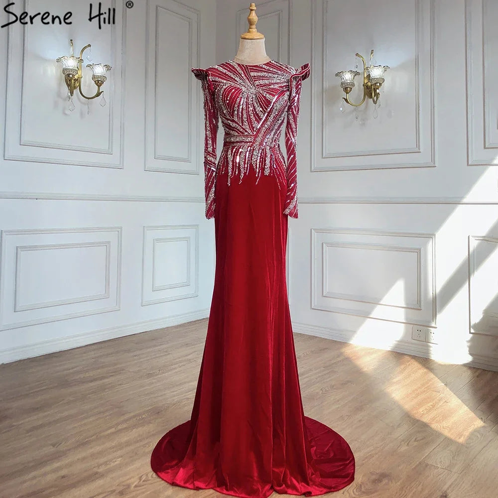 New Deals Serene Hill Muslim Mermaid Wine Red Evening Dresses Gowns 2024 Beaded  Elegant Velour For Women Party LA71449