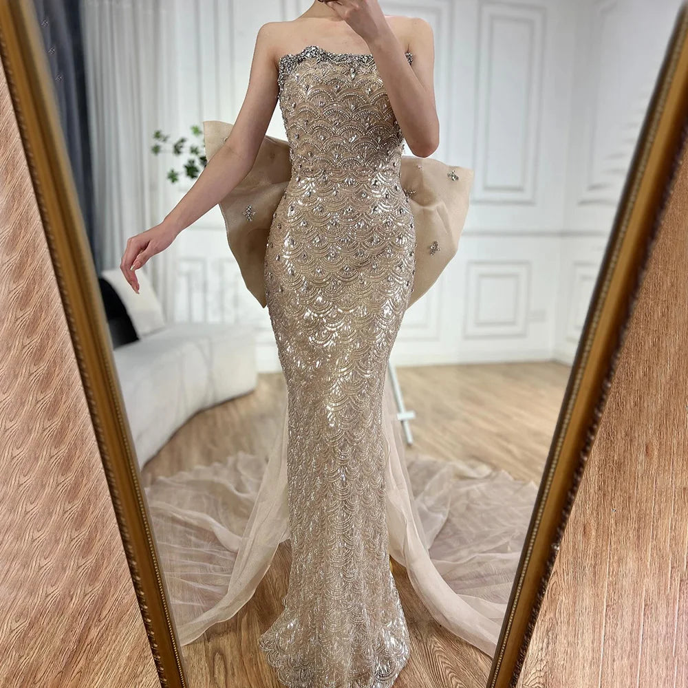 Overstock Sale Serene Hill 2024 Nude Saudi Arabic Strapless Evening Gown with Beaded Tassel Dress for Formal Occasion LA72730
