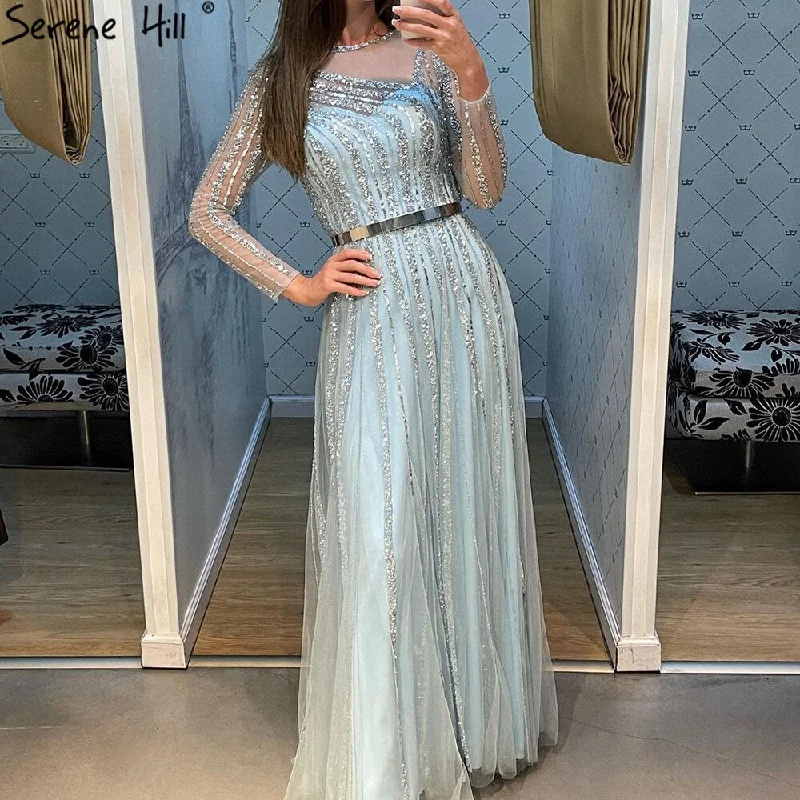 Quick Sale Serene Hill Muslim Gold A-Line Evening Dresses Gowns 2024 Luxury Beaded Sashes For Women Party LA71458