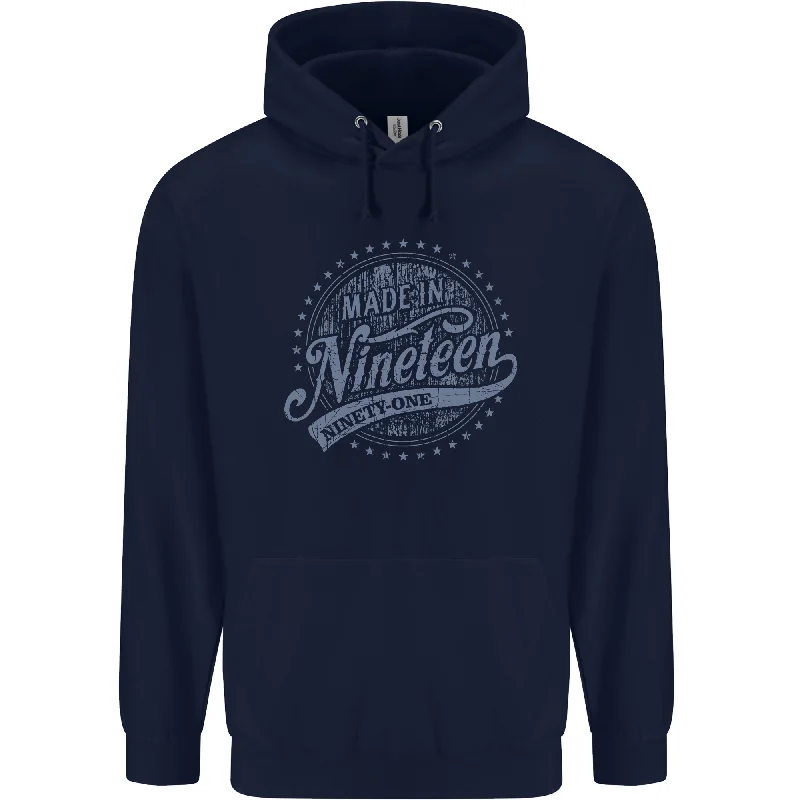 Midnight Madness Distressed 33rd Birthday Made In 1991 Mens 80% Cotton Hoodie Navy Blue