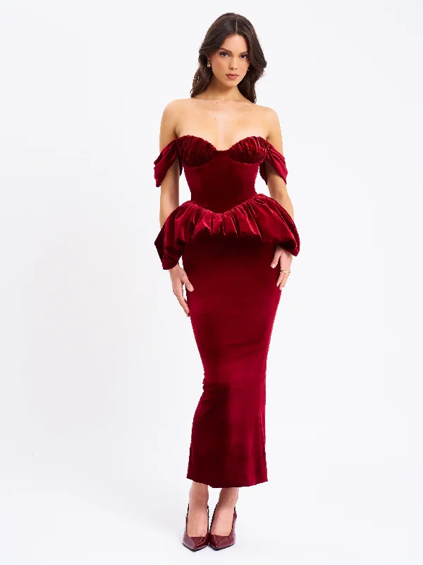 Price Drop Abigail Velvet Off Shoulder Bubble Hem Peplum Maxi Dress