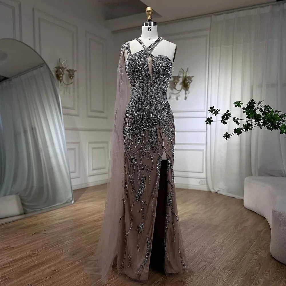 Bargain Prices Serene Hill Gray Nude One-Shoulder Cape Sleeves Mermaid Evening Dress High Split Beaded Long Gown for Woman Party LA72368