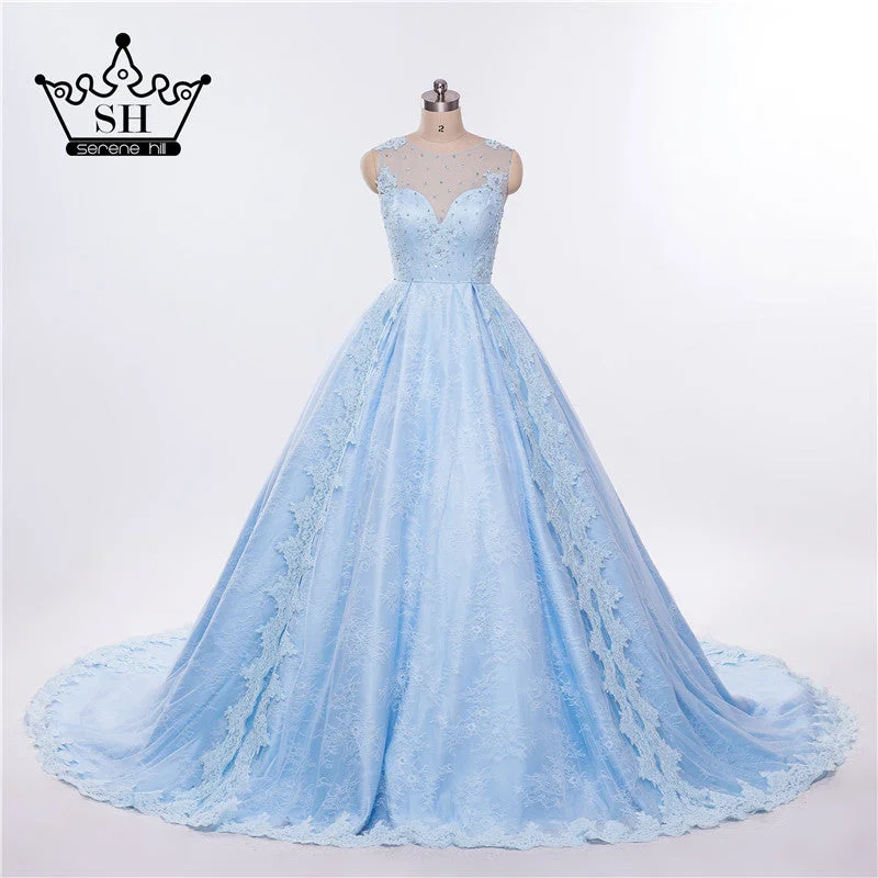 The Best Prices Luxury Light Blue Top Quality Pearls See Through Wedding Dress  Bridal Gowns LA6494