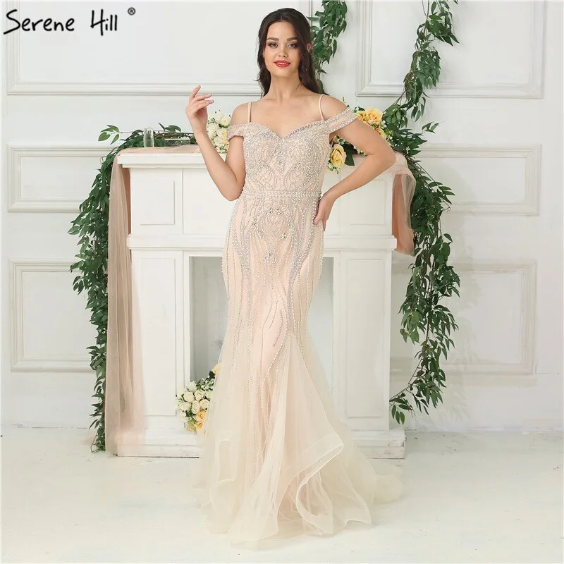 Best Seller Sale Dubai Nude Boat Neck Luxury Sexy Evening Dresses  Diamond Pearls Off Shoulder Evening Gowns 2024 Real Photo LA6696