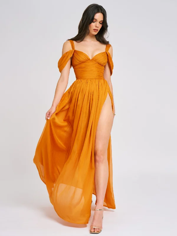 Hurry In Jelani Layered Mesh High-Slit Drape Maxi Dress