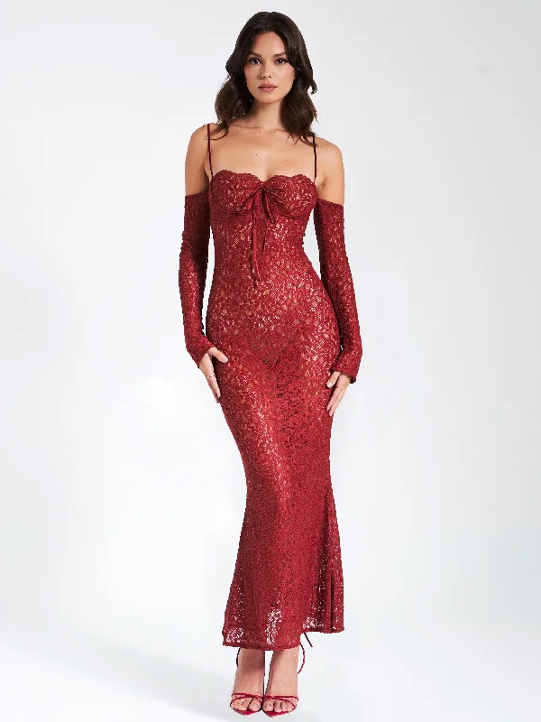 Take Advantage Udaya Burgundy Lace Long Sleeve Maxi Dress