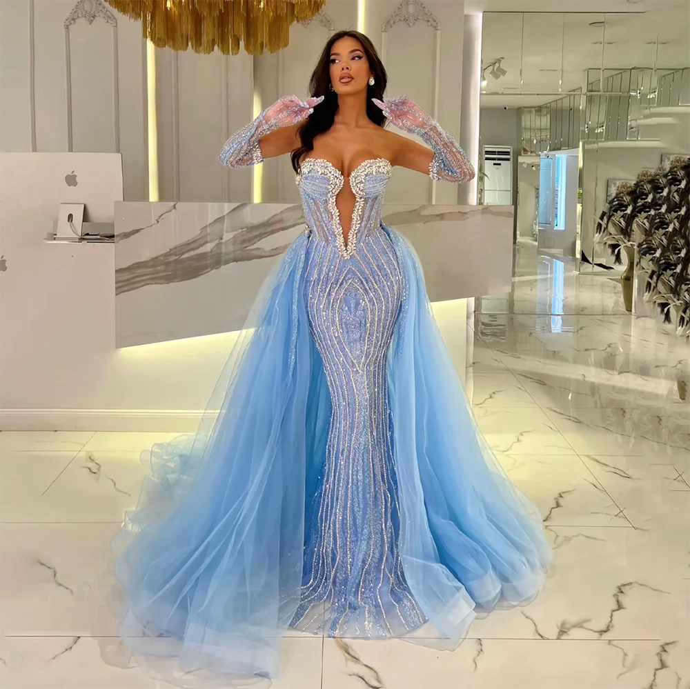 Stock Clearance Serene Hill 2025 Customized Arabia Blue Mermaid Evening Dresses Gowns with Gloves and Overskirt for Formal Occasion LA72582