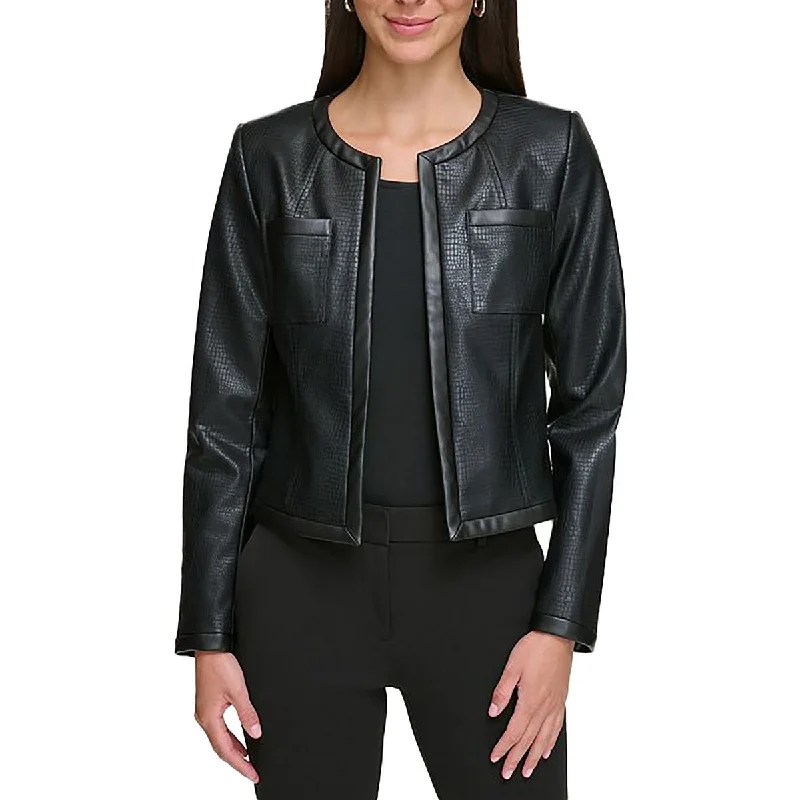 Price Reduction DKNY Womens Faux Leather Embossed Leather Jacket