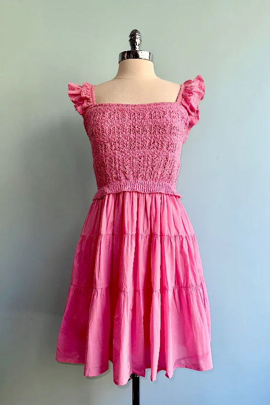 Price Meltdown Pink Shoulder Ruffle Pointelle Mini Dress