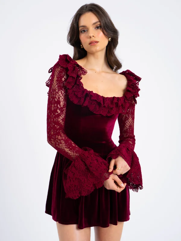 Closeout Yachira Burgundy Velvet Lace Flare Sleeve Mini Dress