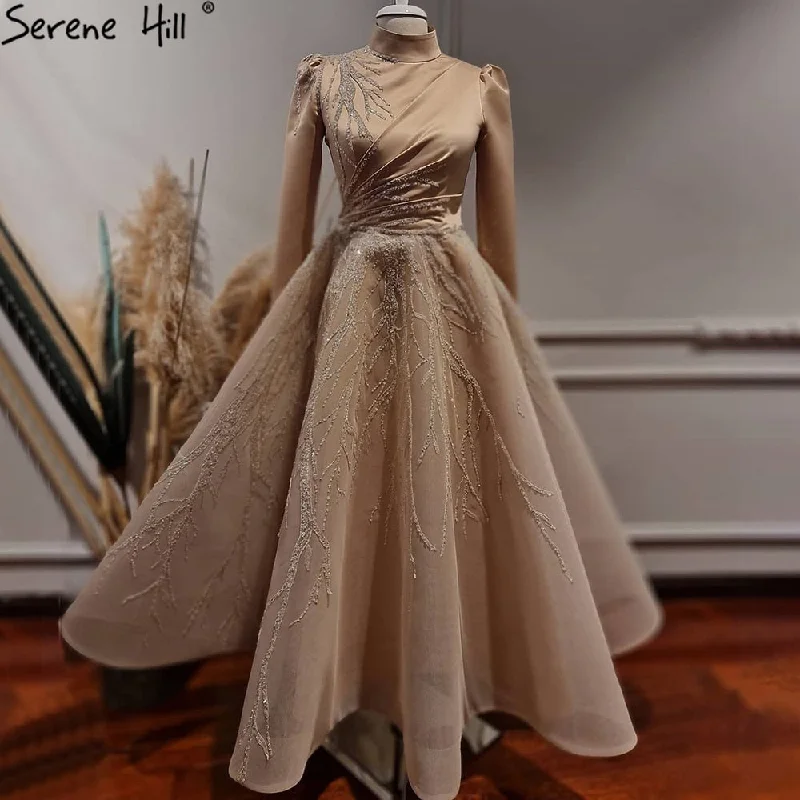 Exclusive Access Serene Hill Gold Muslim Ankle Length Evening Dresses Gowns 2024 Sparkle  Beading Luxury For Women Party LA71064