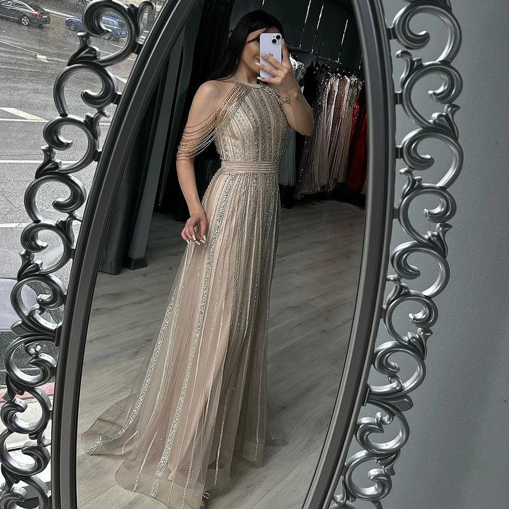 Extra Discounts Serene Hill Luxury Dubai Arabic A-Line Gold Beaded Tassel Formal Evening Dresses for Women's Wedding Party Gowns 2024 LA70357