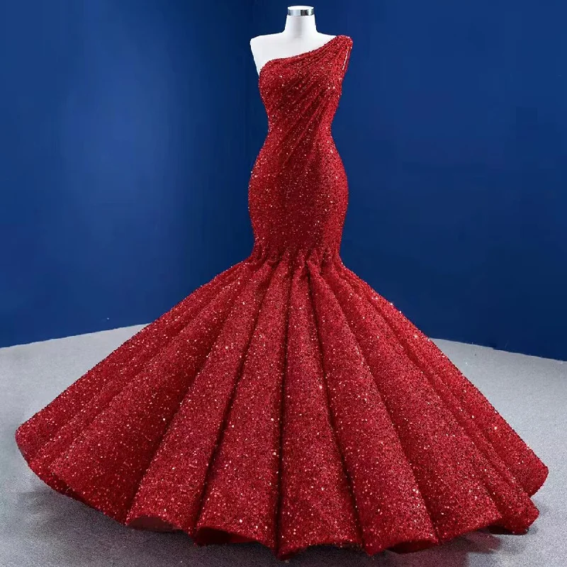 Price Drop Serene Hill Red One Shoulder Luxury Evening Dresses 2024 Sequins Beaded Mermiad Elegant Bridal For Women Party HM67447