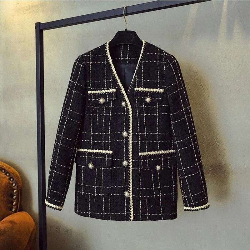 Low Prices Black V-Neck Plaid Tweed Coat Women