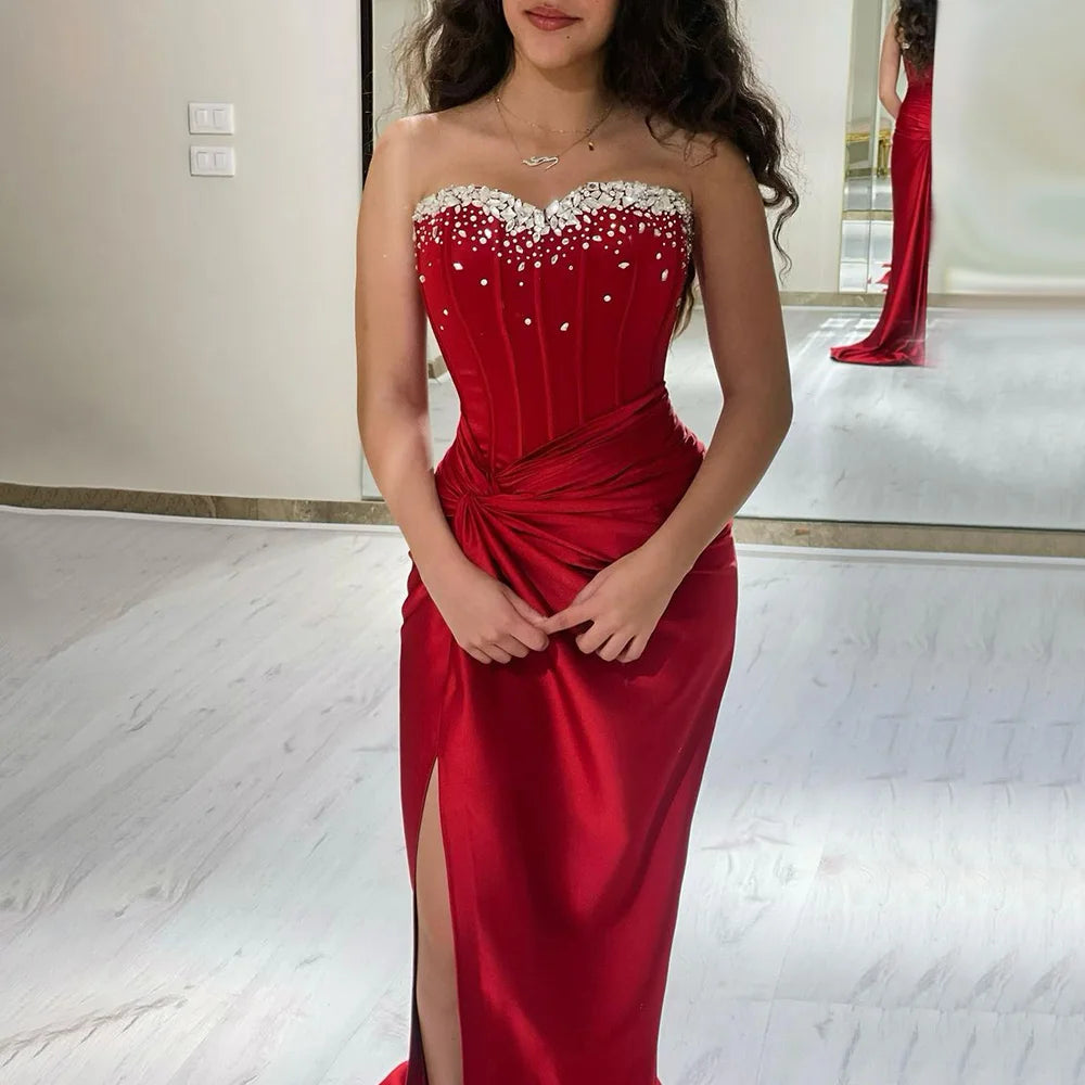 Final Clearance Serene Hill 2024 Arabic Wine Red Strapless Beaded Mermaid Luxury Dubai Evening Gown with Side Split for Women's Party LA72673