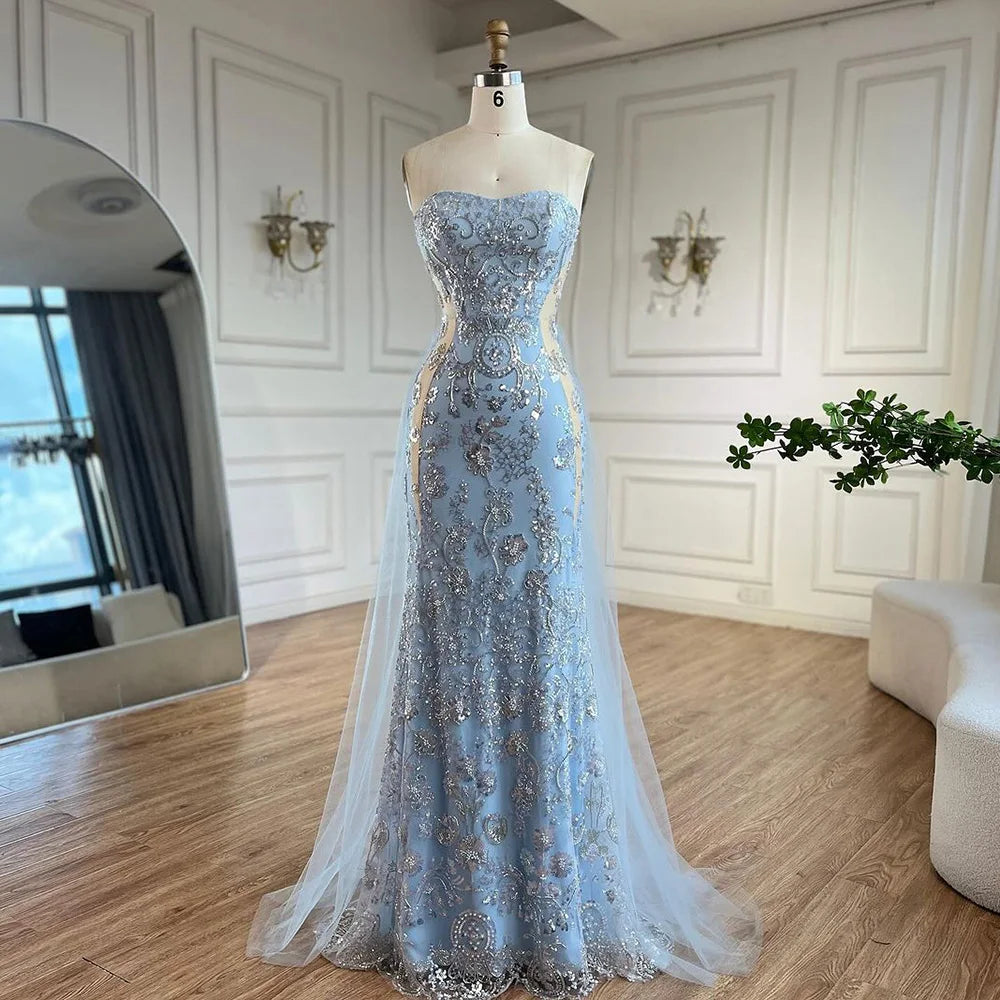 Exclusive Savings Serene Hill 2024 Arabic Blue Strapless Mermaid Luxury Evening Gown with Tulle Overskirt Beaded Dress for Women's Party LA72639 Exclusive Savings Serene Hill 2024 Arabic Blue Strapless Mermaid Luxury Evening Gown with Tulle Overskirt Beaded Dress for Women's Party LA72639