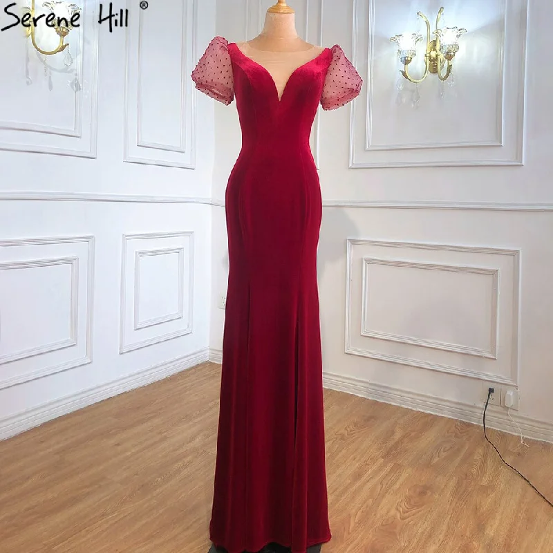 Huge Savings Sale Serene Hill Mermaid Wine Red Elegant Evening Dresses Gowns 2024 Puff Sleeves Beading For Women Party LA70841
