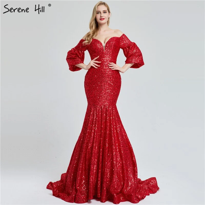 Closeout On Sale No Return No Refund Sale Dubai Red Sequined Off Shoulder Sexy Evening Dresses 2019 Latest Design Mermaid Long Sleeves Luxury Evening Gowns LA60993