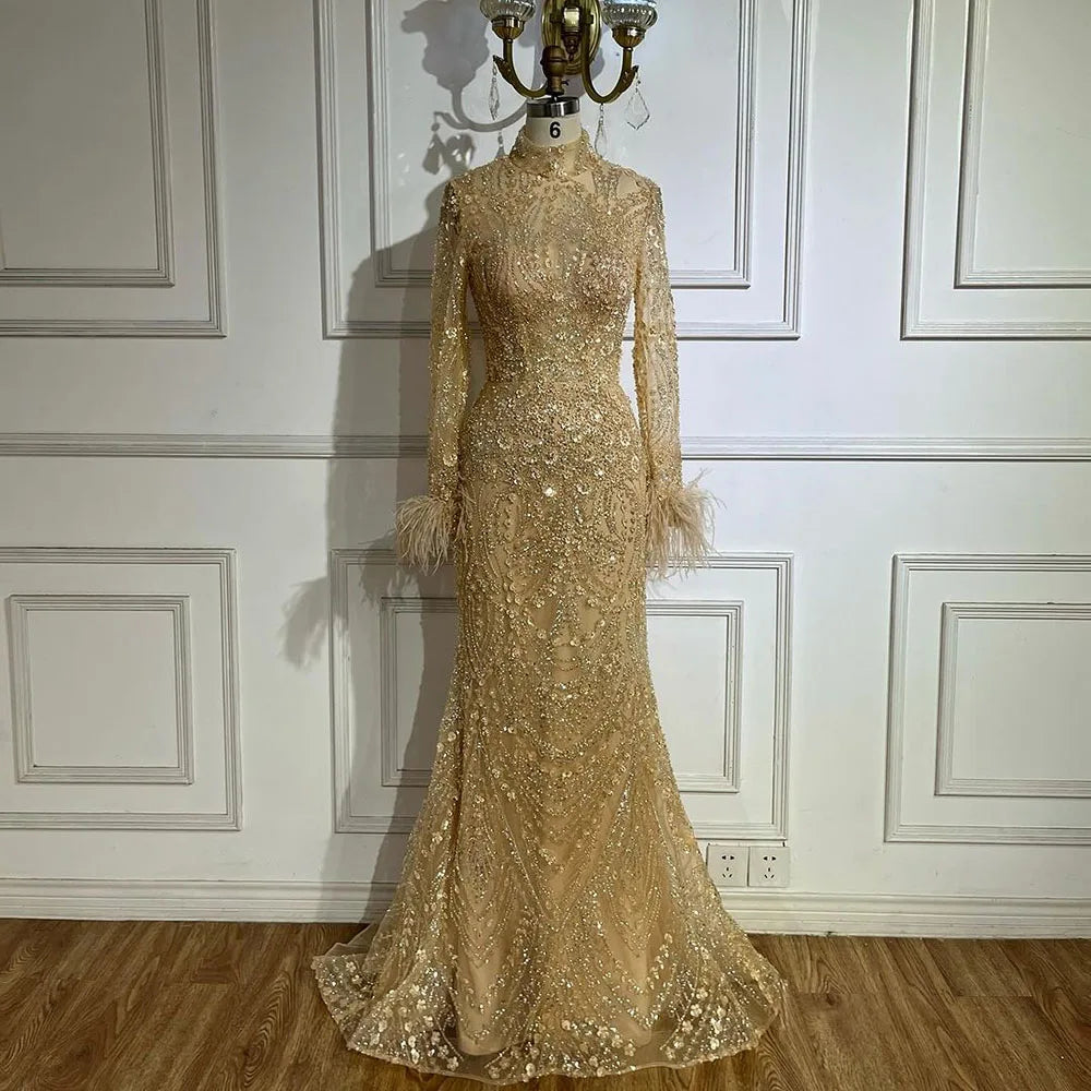 Buy Now Serene Hill 2024 Muslim Women Wedding Party Dubai Gowns Gold Luxury Beaded Feathers Mermaid Long Evening Dresses LA72546