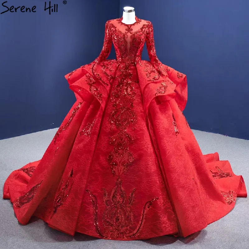 Deep Discounts Serene Hill Muslim Sparkle Red Wedding Dresses 2024 Ruched Lace Luxury Bride Gowns HM67298 Custom Made Deep Discounts Serene Hill Muslim Sparkle Red Wedding Dresses 2024 Ruched Lace Luxury Bride Gowns HM67298 Custom Made