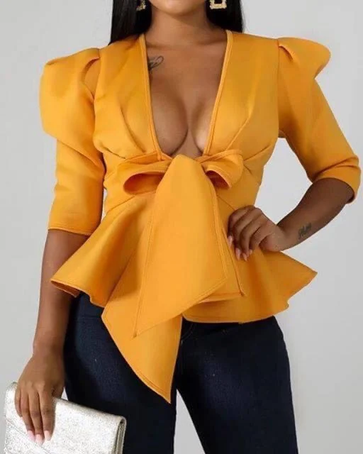 Act Now V Neck  Bow Tie Front Pelplum  Blouse
