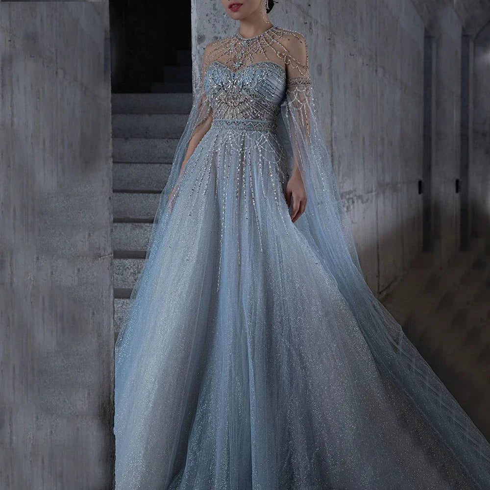 Super Deal Serene Hill Blue A-Line Arabic Cape Sleeves O-Neck Bow Beaded Luxury Evening Dresses Gowns 2024 For Women Party LA71831 Super Deal Serene Hill Blue A-Line Arabic Cape Sleeves O-Neck Bow Beaded Luxury Evening Dresses Gowns 2024 For Women Party LA71831