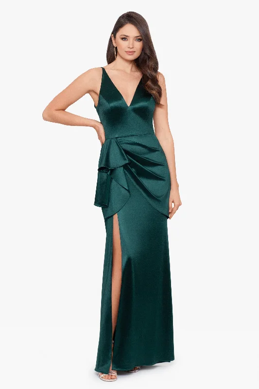 New Deals "Robin" Long Satin V-Neck Ruffle Dress