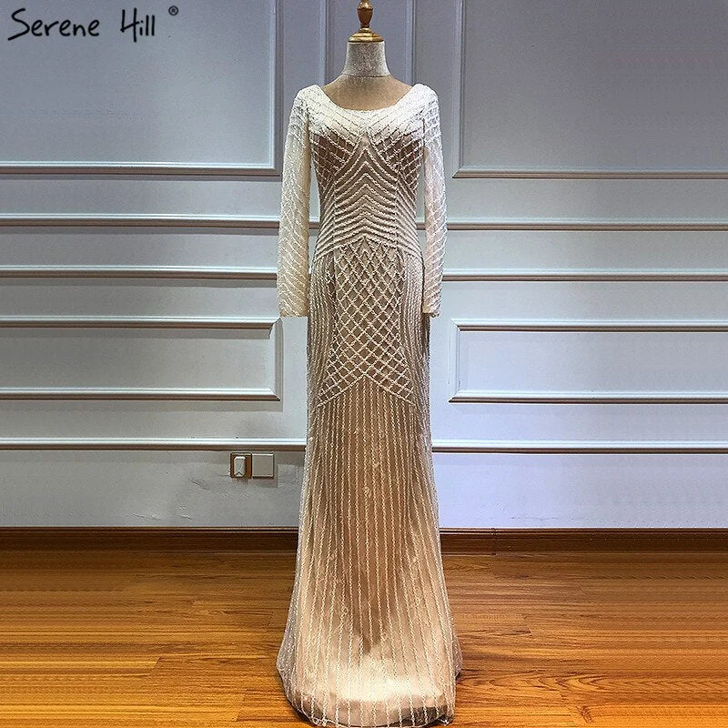 Year-End Clearance On Sale No Return No Refund Sale Dubai White Nude Luxury Long Sleeves Evening Dresses 2024 Latest Design Full Beading Mermaid Formal Dress Serene Hill LA60958
