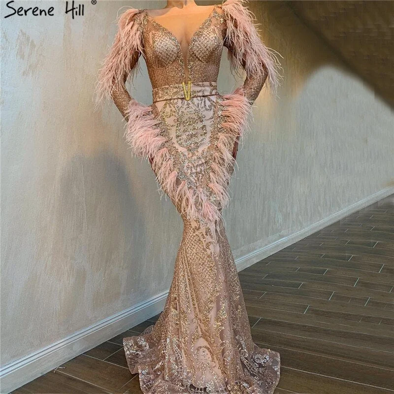 Today’s Special On Sale No Return No Refund Sale Dubai Rose Gold Mermaid Sexy Evening Dresses 2024 Luxury Feathers Beading Sparkle Formal Dress Serene Hill LA60902