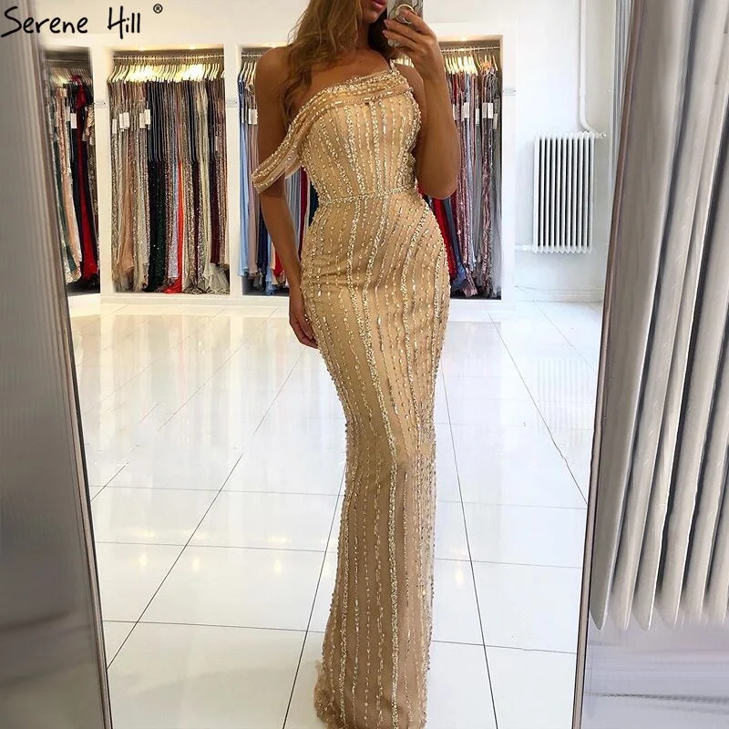 Special Savings Serene Hill Gold Mermaid Sexy Evening Dresses Dubai One Shouder Luxury Beading Sparkle Formal Dress LA70723
