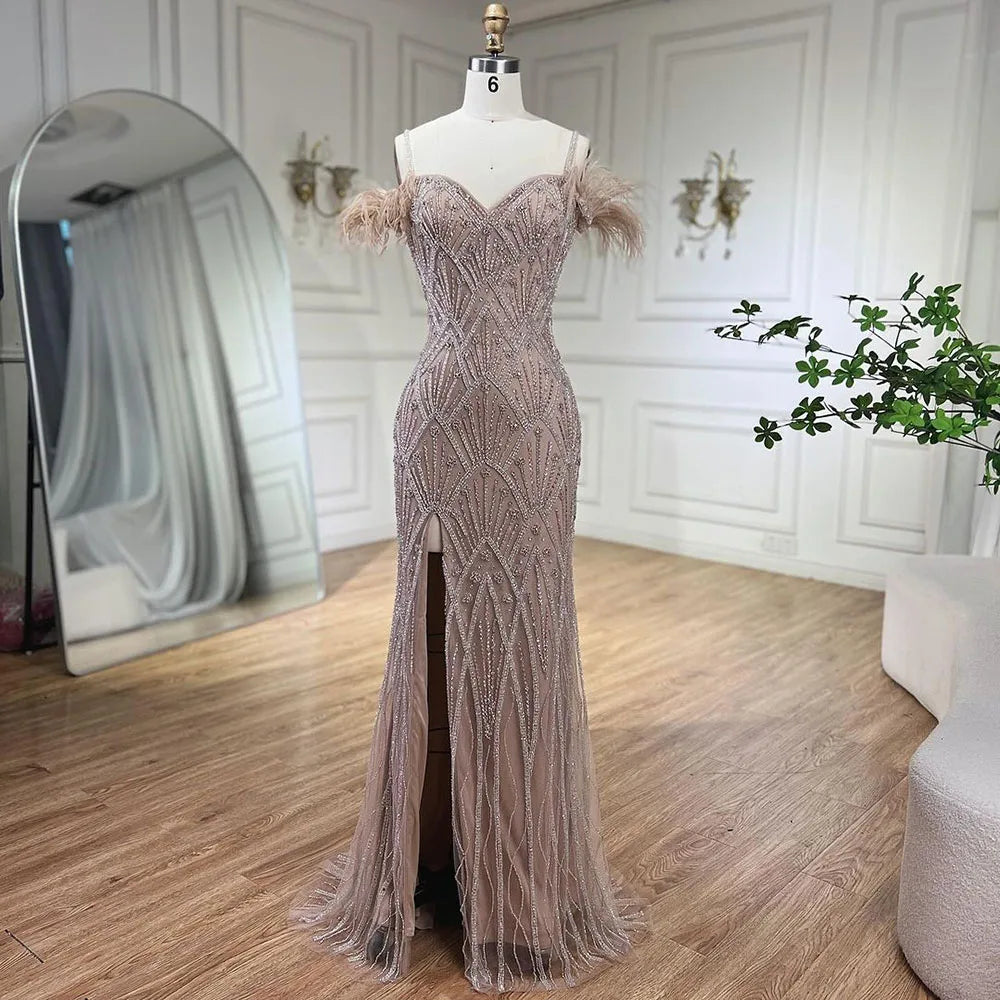 YEAR-End Clearance Serene Hill Nude Spaghetti Straps Elegant Mermaid Evening Dresses Gowns Luxury Beaded Feathers For Woman Party 2024 LA72028A