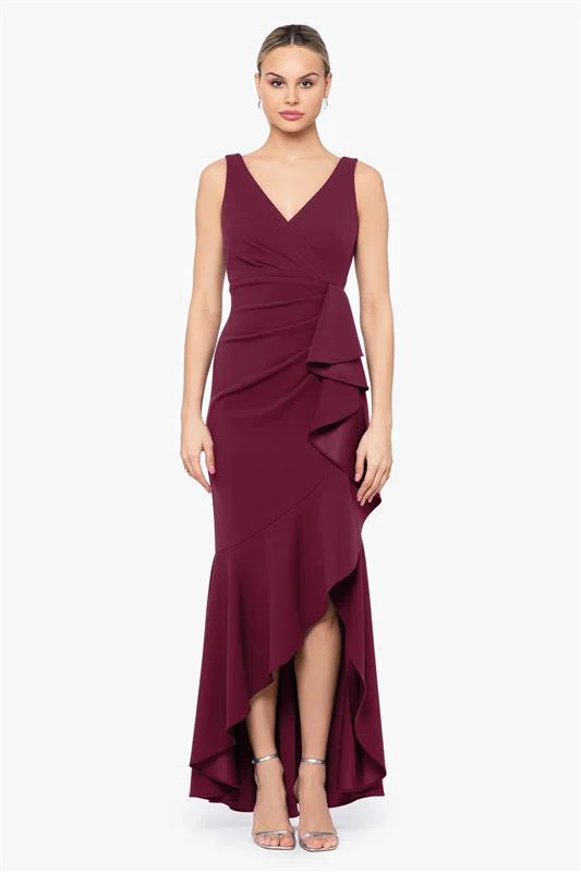 Shop and Save Petite "Candace" Long V- Neck Hi Low Cascade Dress
