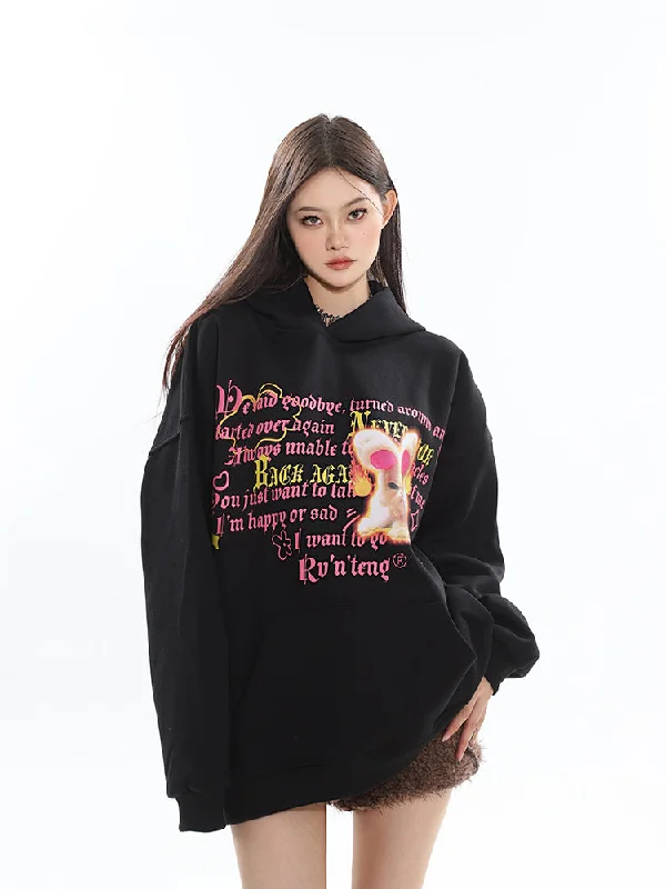 Price Rollback Dria Solid Color Graphic Letter Image Print Long Sleeve Baggy Hoodie