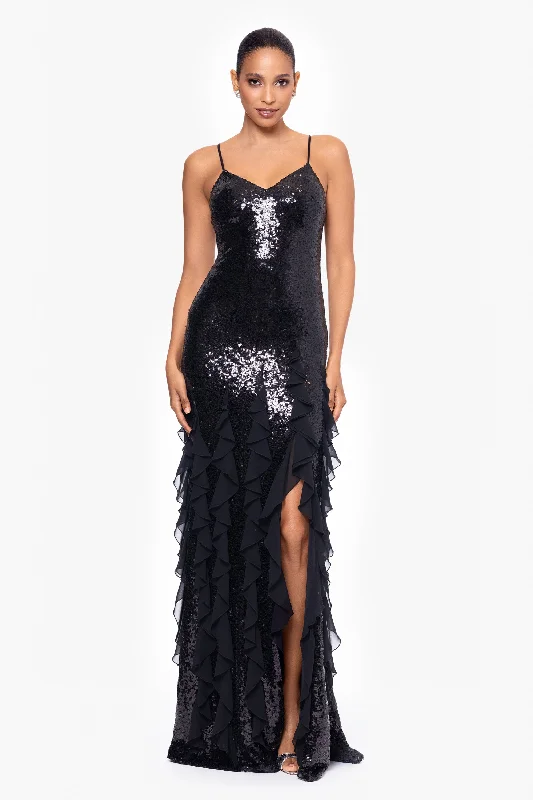 Today's Special "Milan" Long Sequin Spaghetti with Chiffon Ruffles
