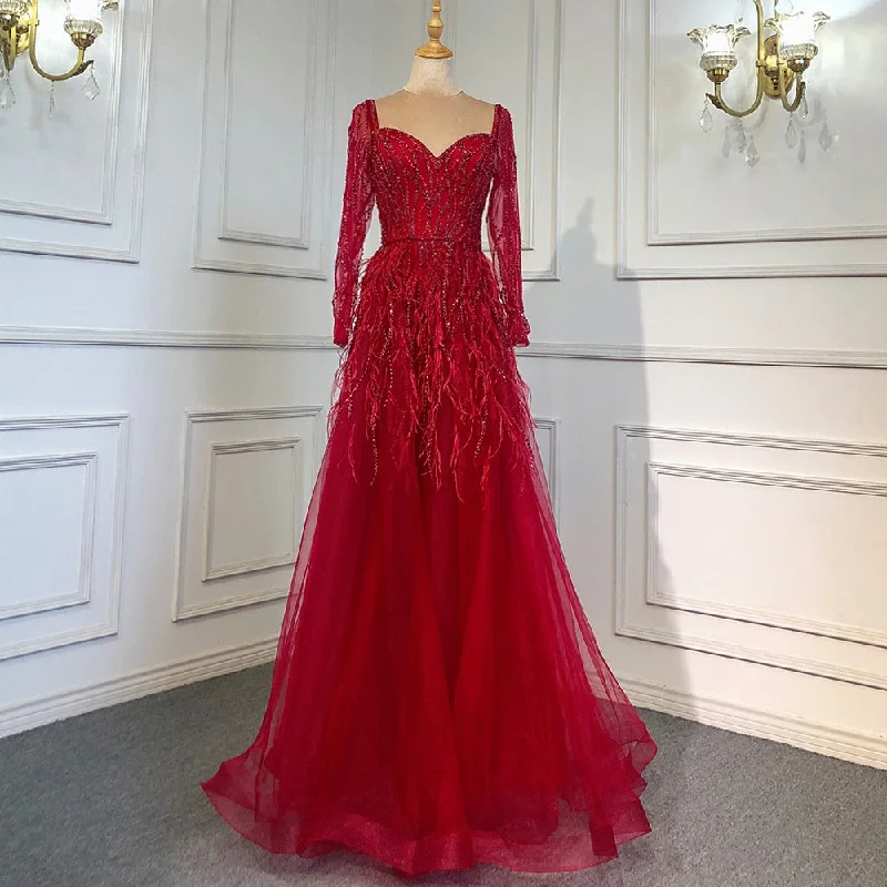 Limited Stock On Sale  no return no refund Serene Hill Arabic Red A-Line V-Neck for Women Long Sleeves Evening Dress Luxury Beaded Handmade Feathers 2024 LA71468