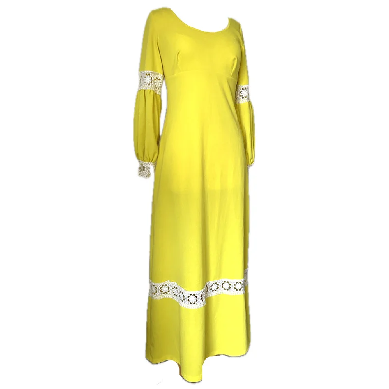 Great Deals Bright sunshine yellow vintage 1960s crochet trim maxi dress