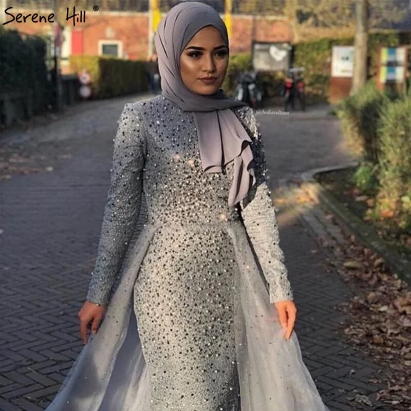 Limited Edition Muslim Grey Mermaid Long Sleeves Evening Dresses Knitting Diamond Luxury Evening Gowns Design 2024 Serene Hill LA70212 Limited Edition Muslim Grey Mermaid Long Sleeves Evening Dresses Knitting Diamond Luxury Evening Gowns Design 2024 Serene Hill LA70212